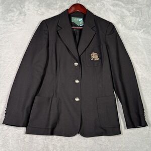Lauren Ralph Lauren Blazer Womens 8P Black Crest Patch Three Metal Button Jacket